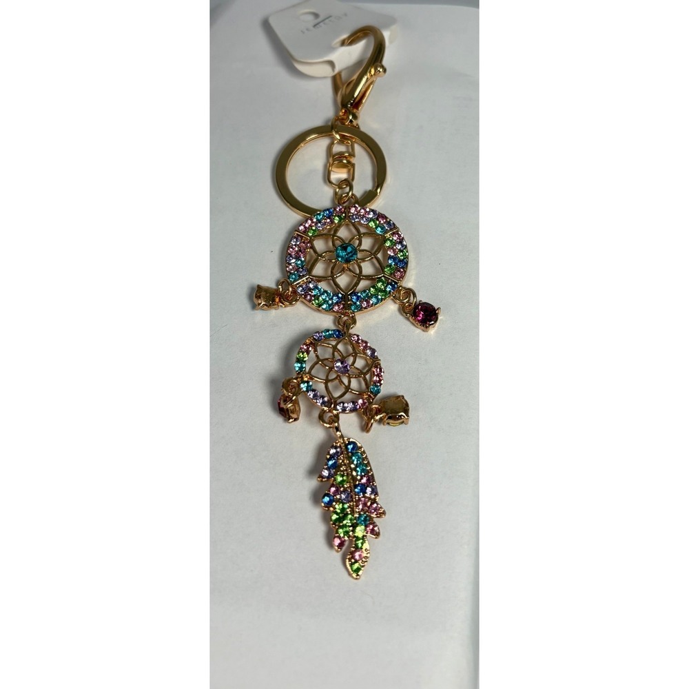 Whimsical Keychain Dreamcatcher Gold Rhinestone Boho Feather Charm Bag Purse New